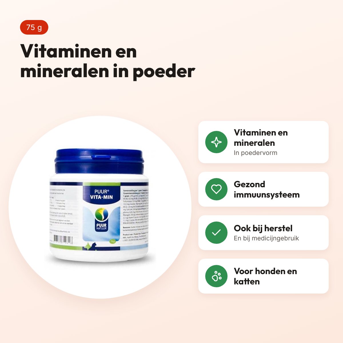 Puur Natuur Vita-Min vitaminen en mineralen 75 g – hond en kat – voordelen