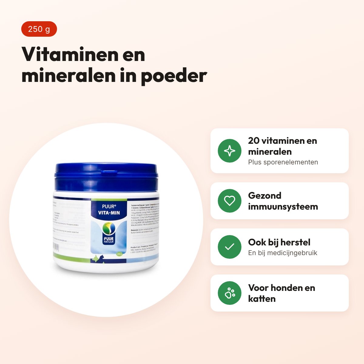Puur Natuur Vita-Min vitaminen en mineralen voor hond en kat 250 g – voordelen