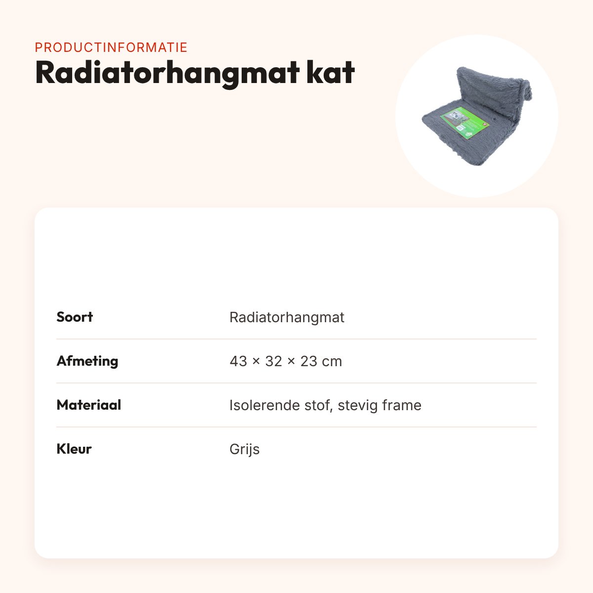 Radiatorhangmat kat grijs – isolerende stof, met stevig frame – productinformatie