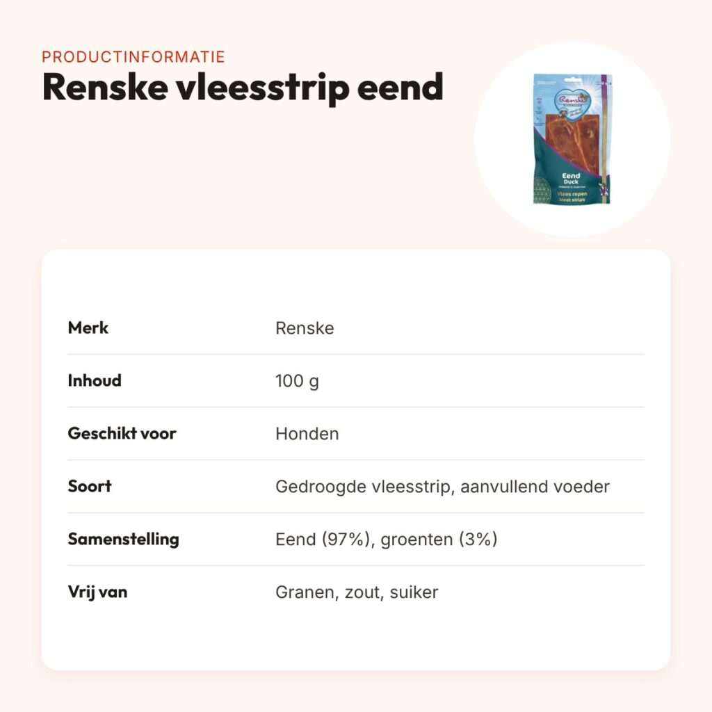 Renske gezonde beloning vleesstrip eend 100 g – graanvrij – productinformatie