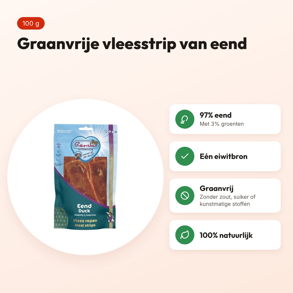 Renske gezonde beloning vleesstrip eend 100 g – graanvrij – voordelen