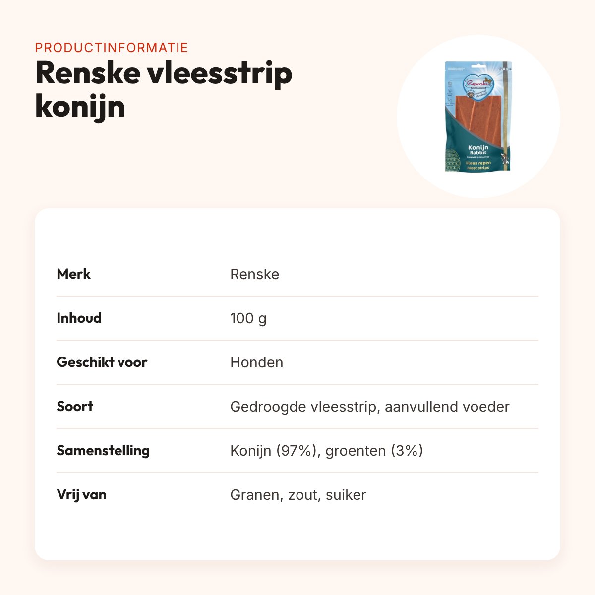 Renske gezonde beloning vleesstrip konijn 100 g – graanvrij – productinformatie