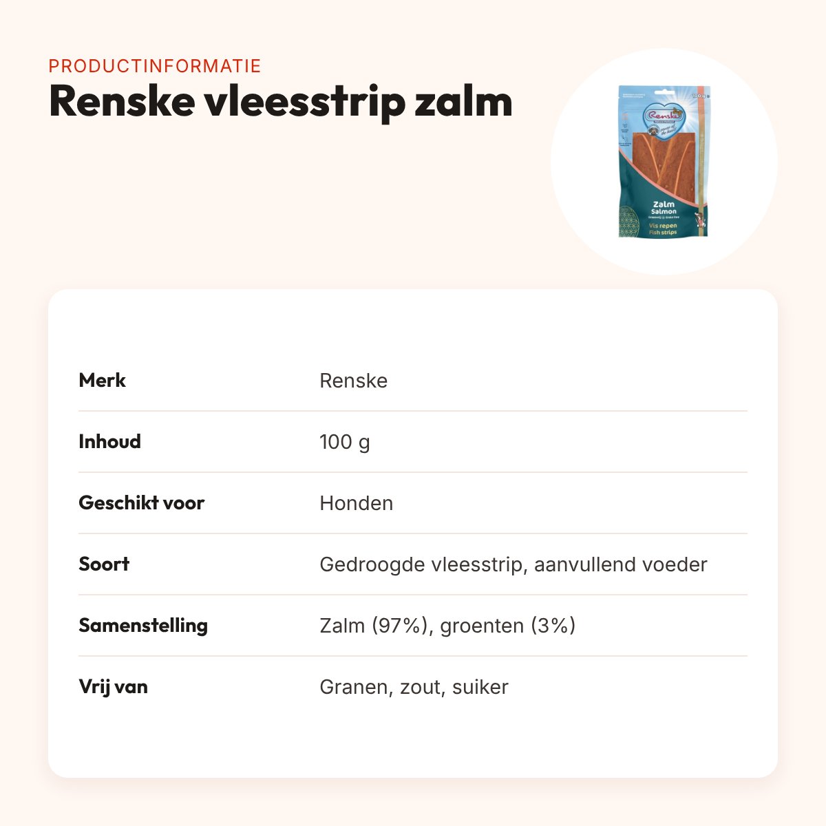 Renske gezonde beloning vleesstrip zalm 100 g – graanvrij – productinformatie