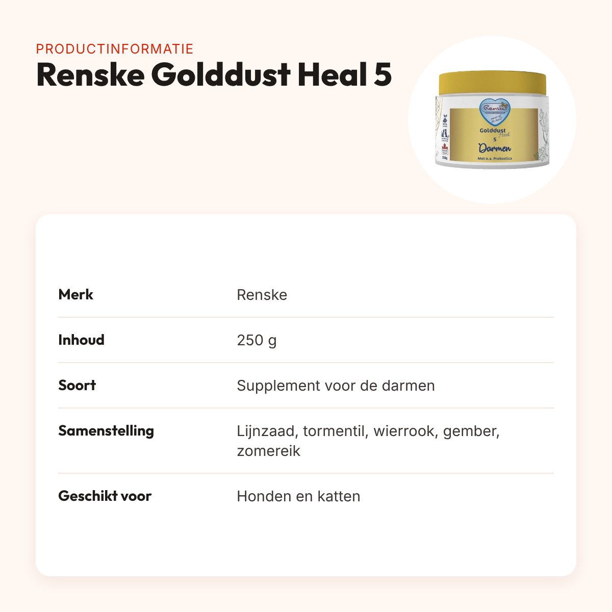 Renske Golddust Heal 5 darmen 250 g – supplement hond en kat – productinformatie