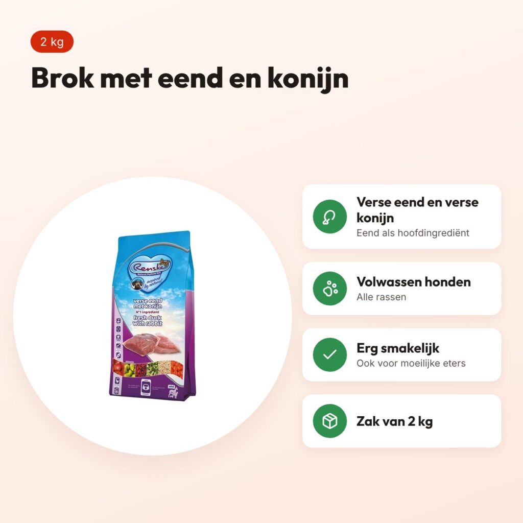 Renske hondenvoer Adult eend en konijn 2 kg – voor moeilijke eters – voordelen