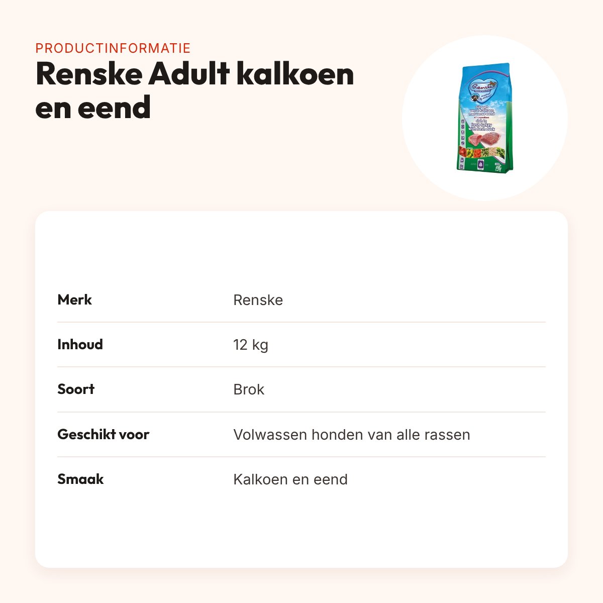 Renske hondenvoer Adult kalkoen en eend 12 kg – productinformatie