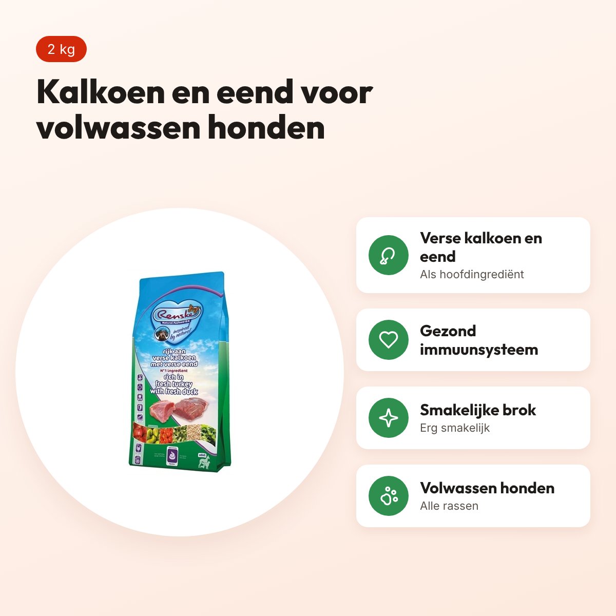 Renske hondenvoer Adult kalkoen en eend 2 kg – voordelen