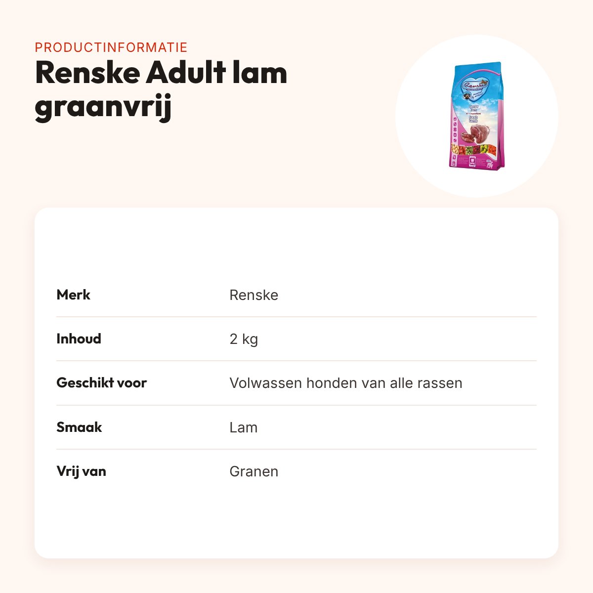 Renske hondenvoer Adult lam graanvrij hypoallergeen 2 kg – productinformatie