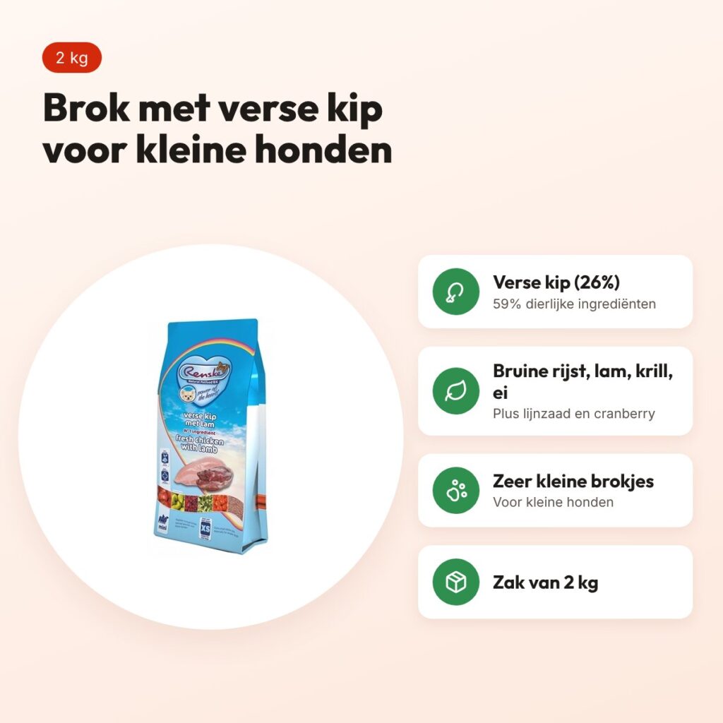 Renske hondenvoer Adult Mini verse kip en lam 2 kg – kleine brokjes – voordelen