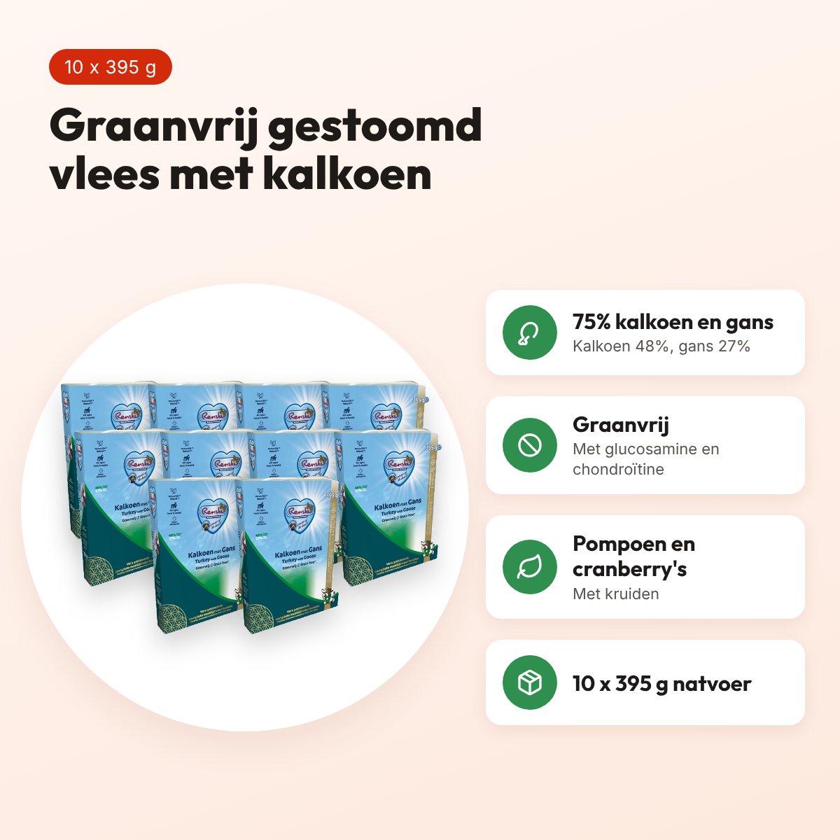 Renske hondenvoer gestoomd vlees kalkoen en gans 10 x 395 g – graanvrij – voordelen