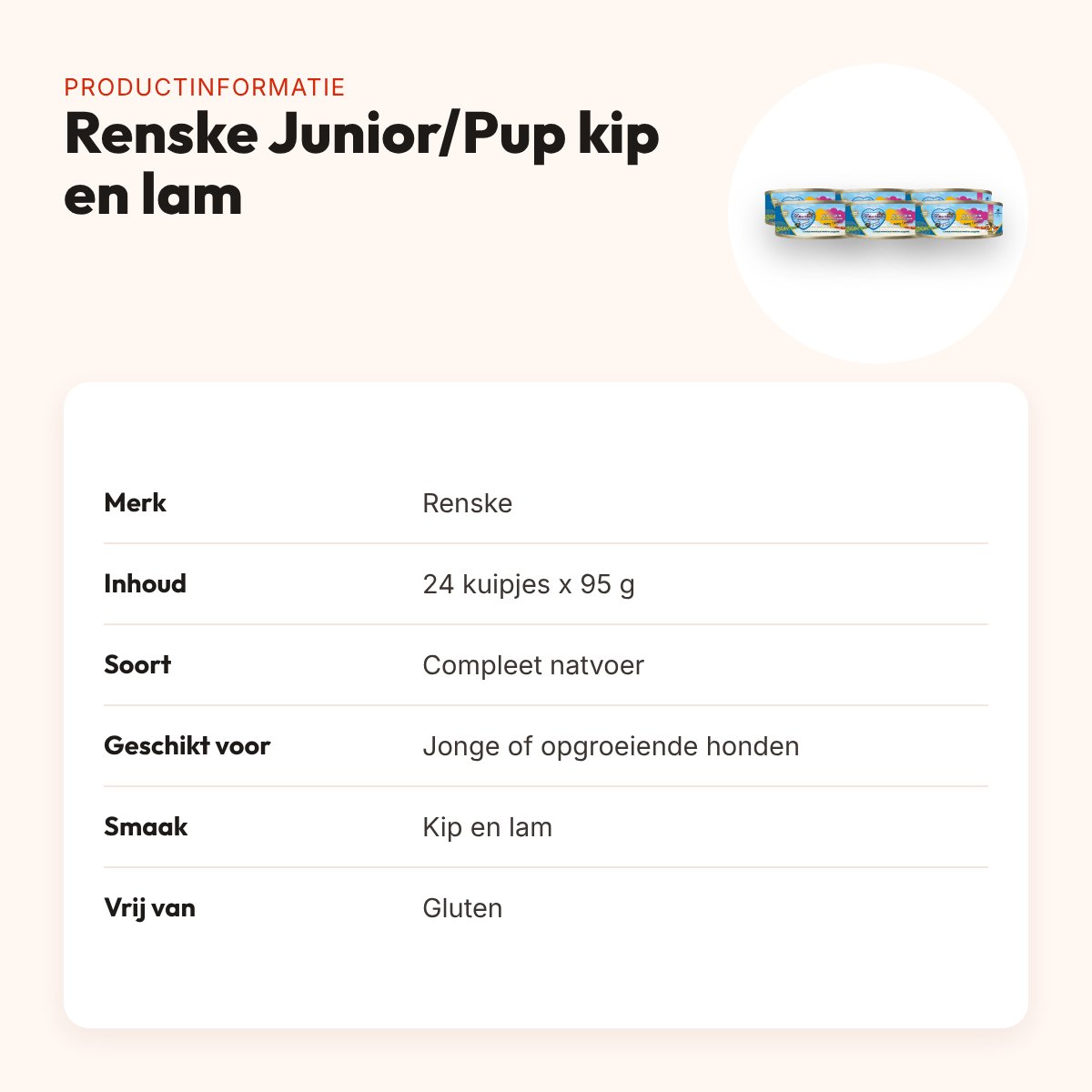 Renske hondenvoer Junior/Pup vers vlees kip en lam 24 x 95 g – productinformatie