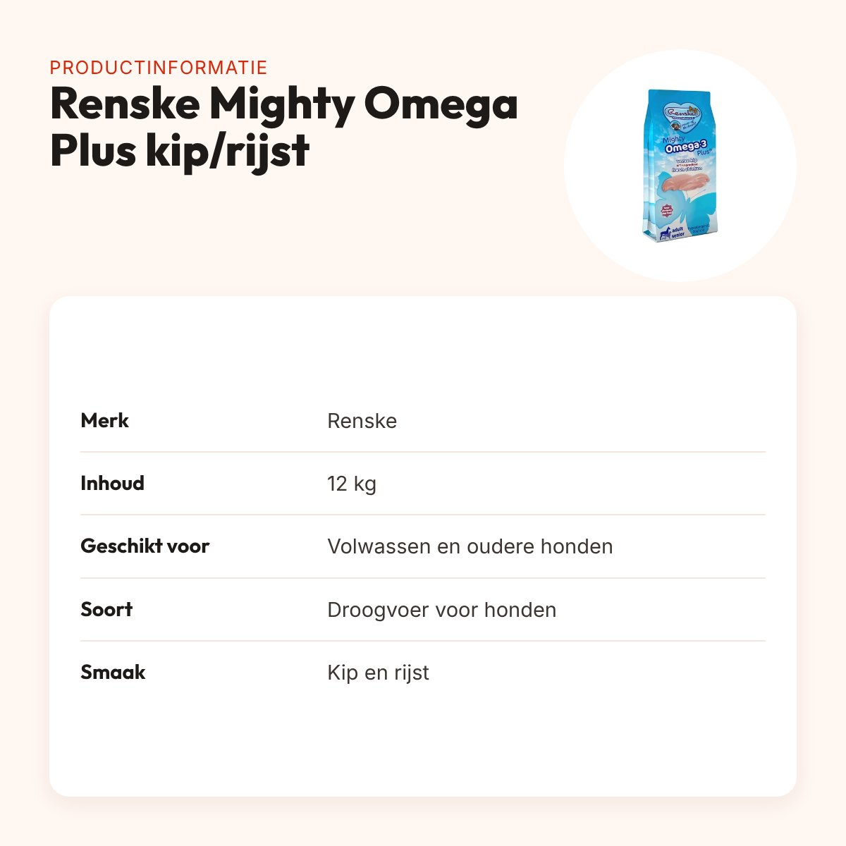 Renske hondenvoer Mighty Omega Plus Adult/Senior kip en rijst 12 kg – productinformatie