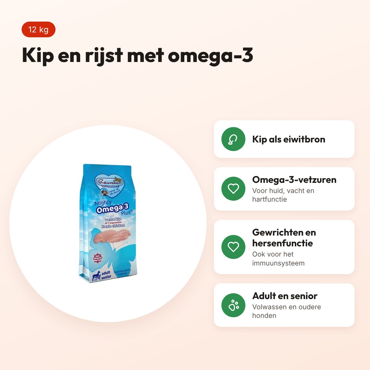 Renske hondenvoer Mighty Omega Plus Adult/Senior kip en rijst 12 kg – voordelen