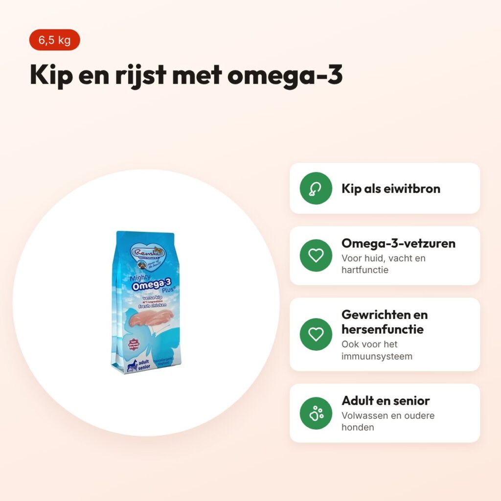 Renske hondenvoer Mighty Omega Plus Adult/Senior kip en rijst 6,5 kg – voordelen