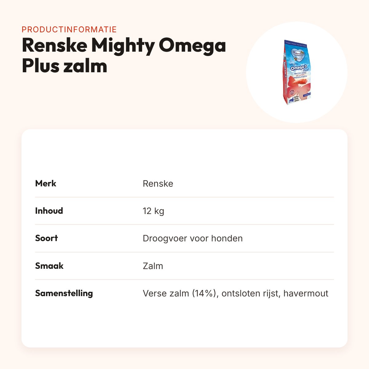 Renske hondenvoer Mighty Omega Plus zalm geperst hypoallergeen 12 kg – productinformatie