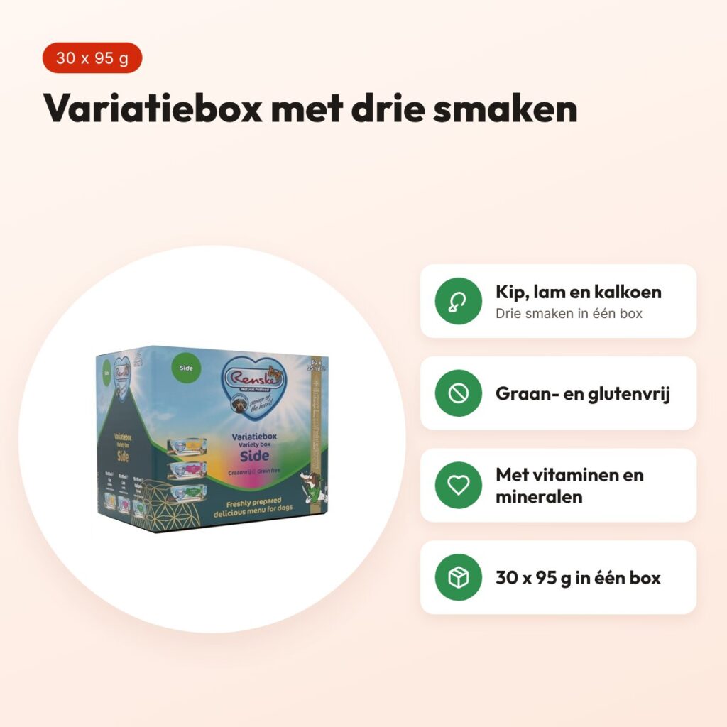 Renske hondenvoer variatiebox Side kip, lam, kalkoen 30 x 95 g – graanvrij – voordelen