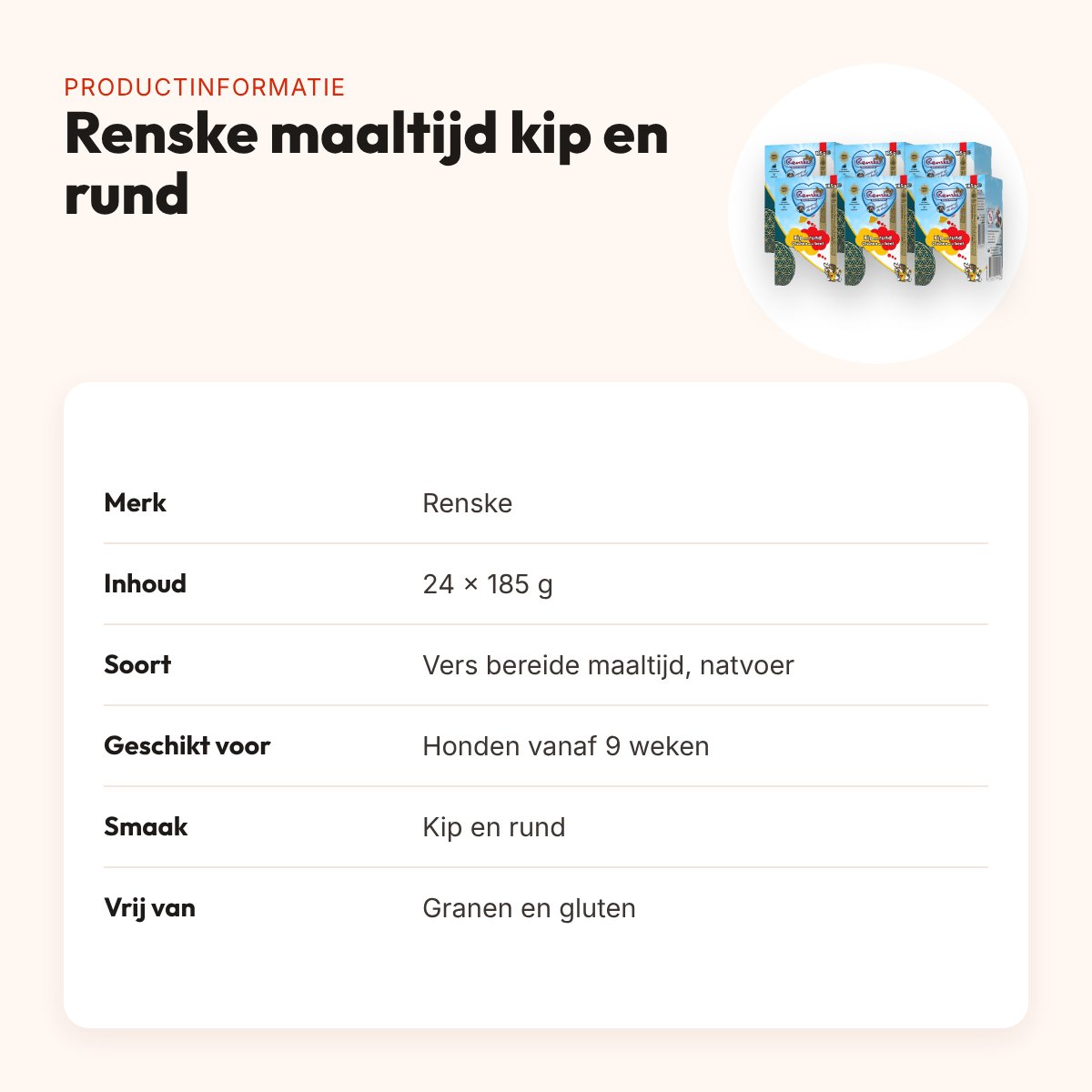 Renske hondenvoer vers bereide maaltijd kip en rund 24 x 185 g – graanvrij – productinformatie