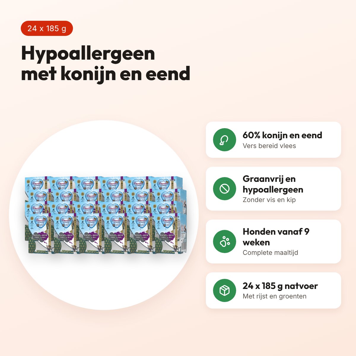 Renske hondenvoer vers bereide maaltijd konijn en eend 24 x 185 g – voordelen