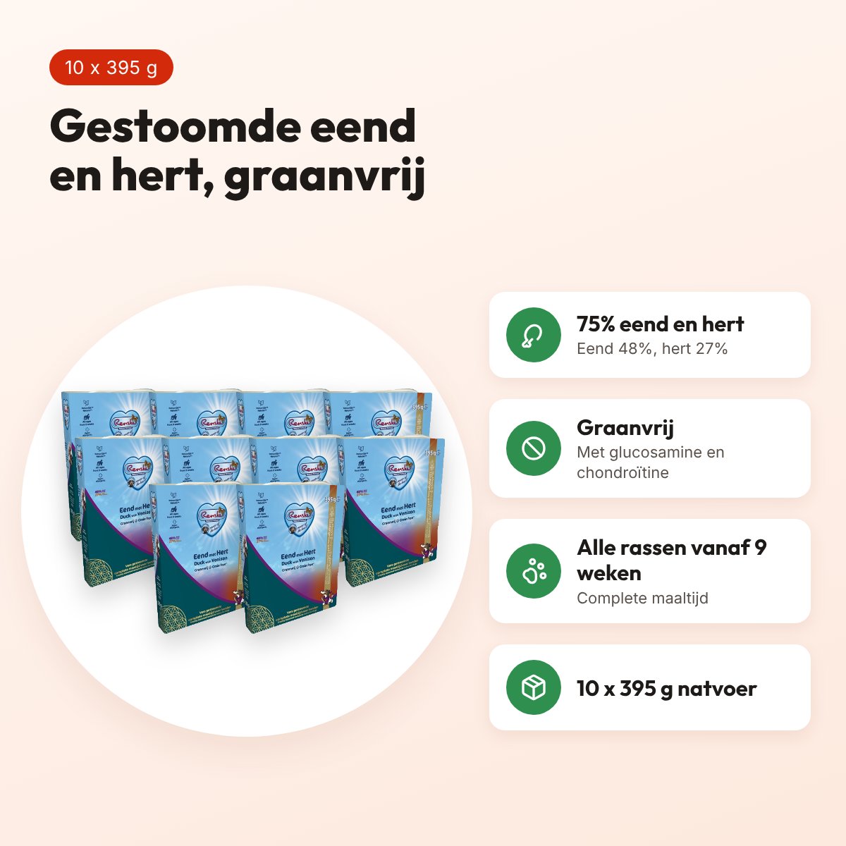 Renske hondenvoer vers gestoomd vlees eend en hert 10 x 395 g – graanvrij – voordelen