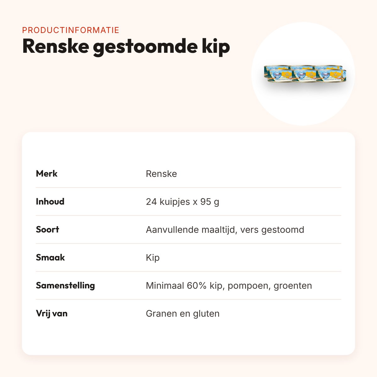 Renske hondenvoer vers gestoomd vlees kip 24 x 95 g – graanvrij – productinformatie