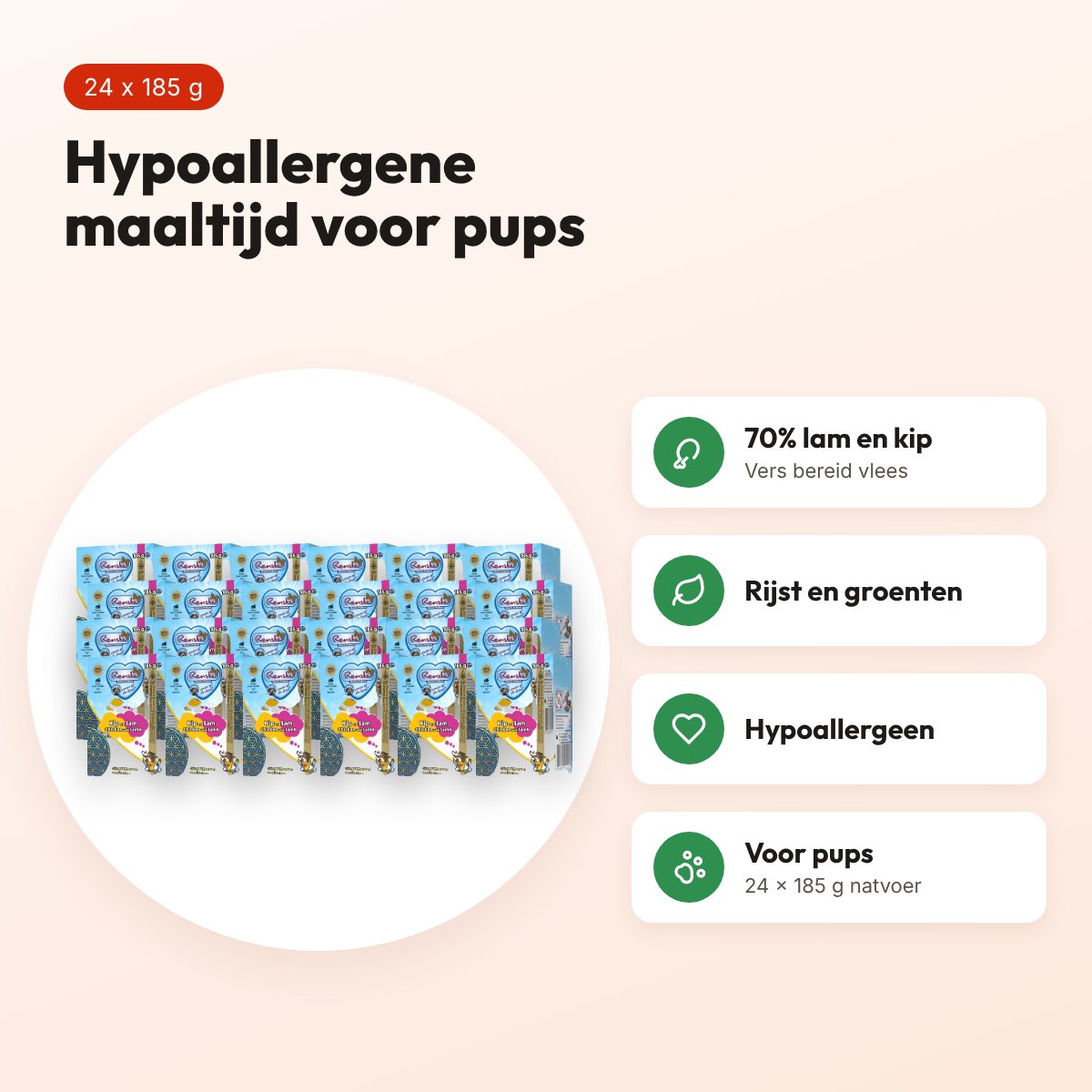 Renske puppyvoer vers bereide maaltijd lam en kip 24 x 185 g – voordelen