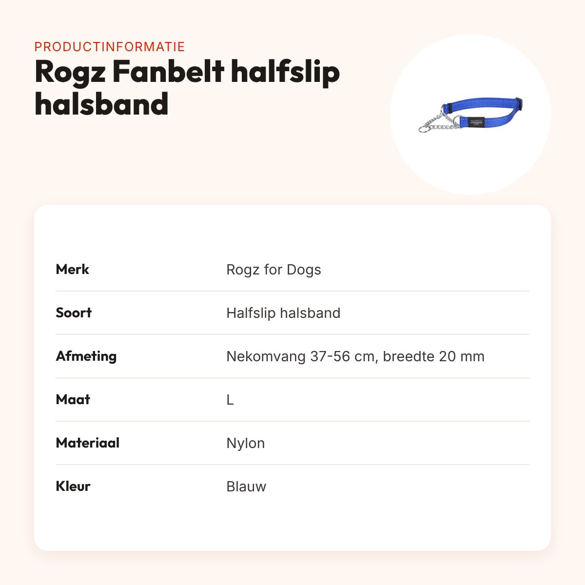 Rogz for Dogs Fanbelt halfslip halsband blauw 20 mm – maat L, 37-56 cm – productinformatie