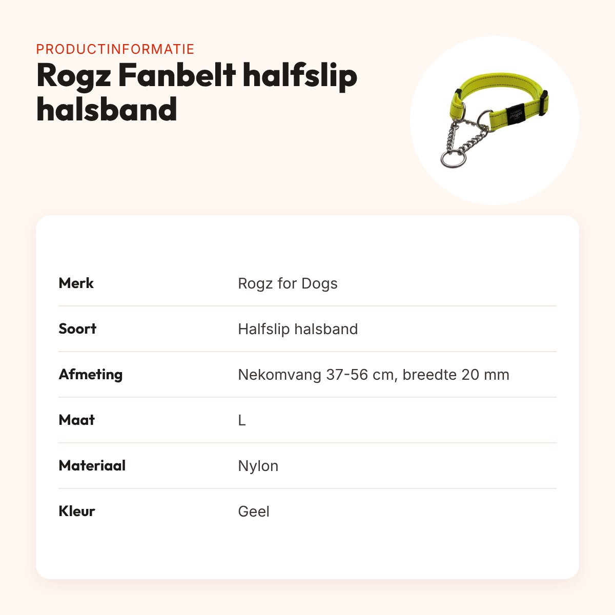 Rogz for Dogs Fanbelt halfslip halsband geel 20 mm – maat L, 37-56 cm – productinformatie
