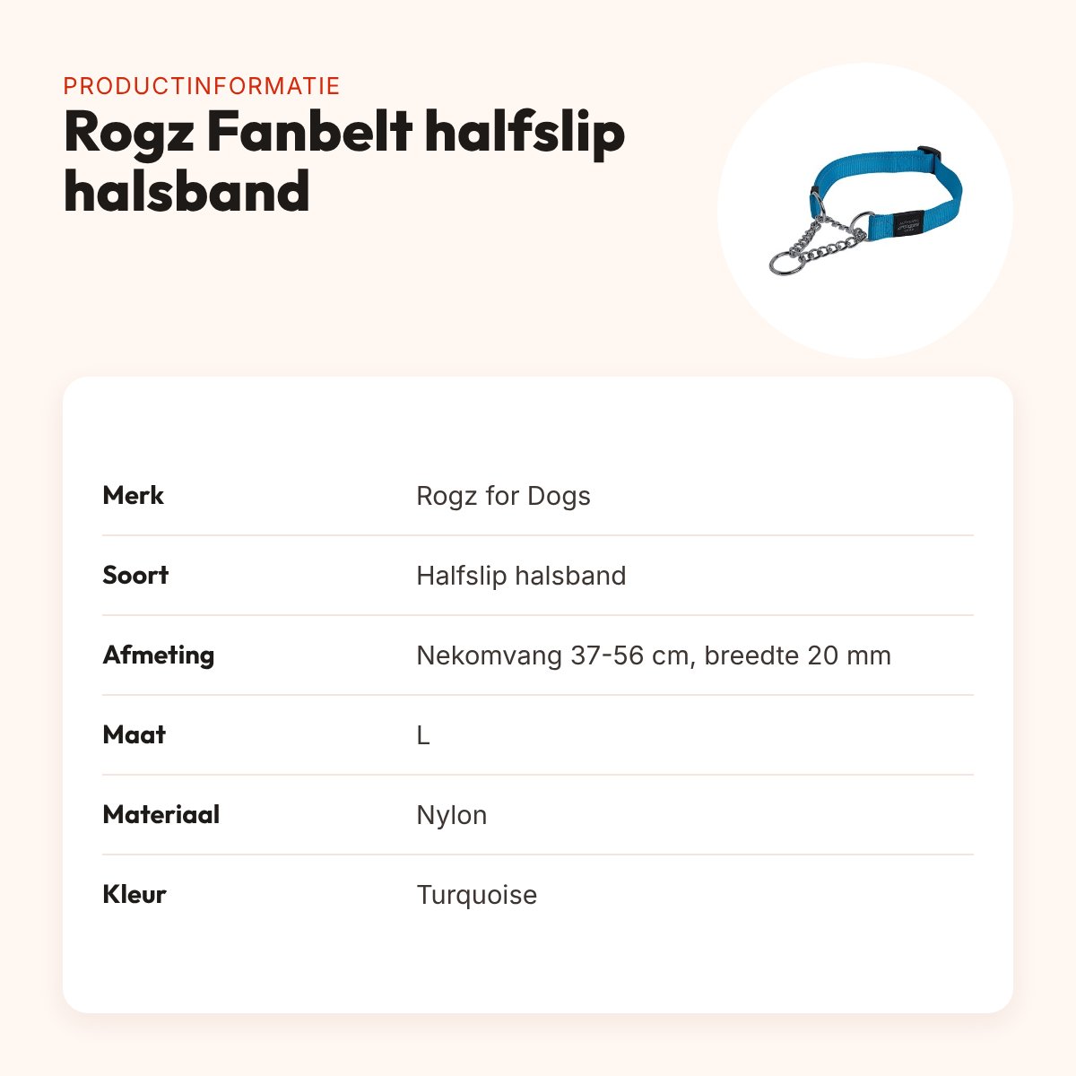 Rogz for Dogs Fanbelt halfslip halsband turquoise 20 mm – maat L, 37-56 cm – productinformatie