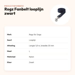 Rogz for Dogs Fanbelt looplijn zwart 20 mm x 1,8 m – reflecterend, maat L – productinformatie