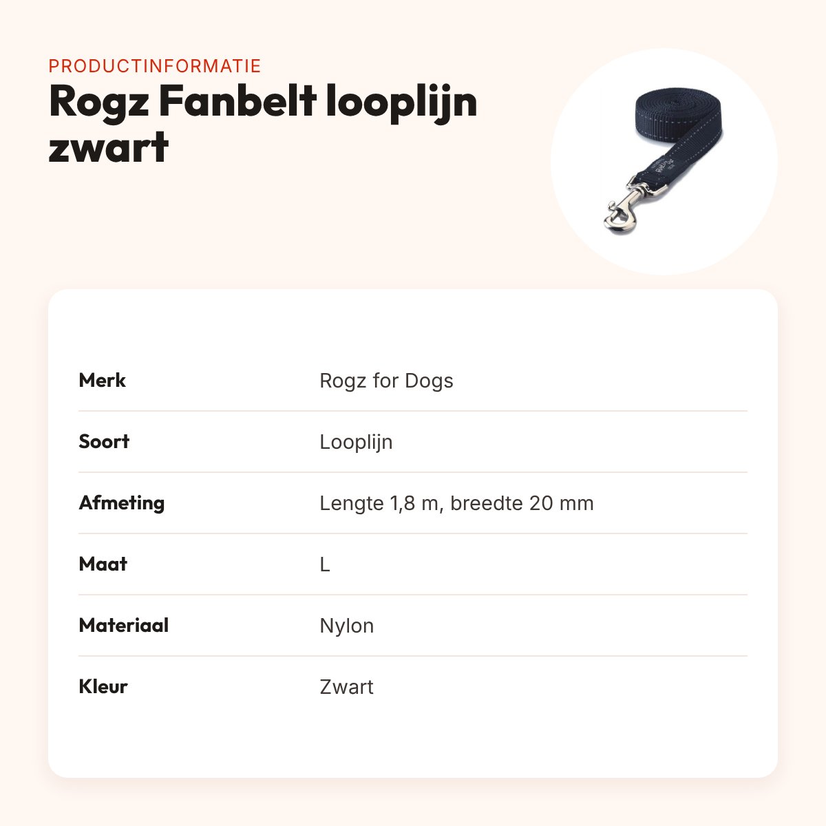 Rogz for Dogs Fanbelt looplijn zwart 20 mm x 1,8 m – reflecterend, maat L – productinformatie