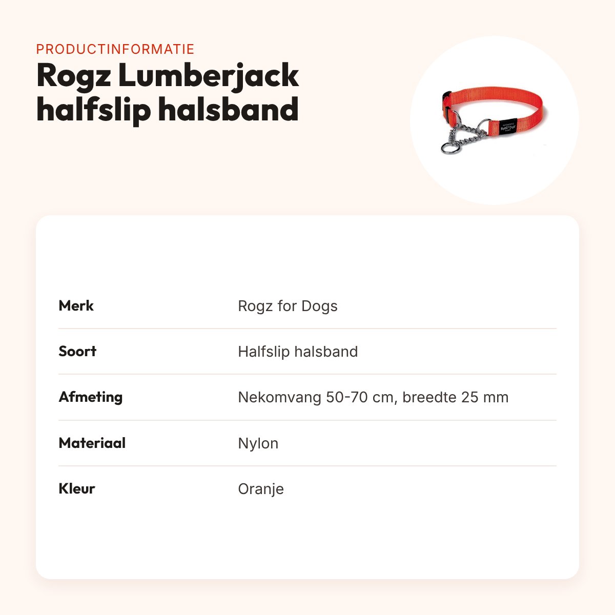 Rogz for Dogs Lumberjack halfslip halsband oranje 25 mm, 50-70 cm – productinformatie