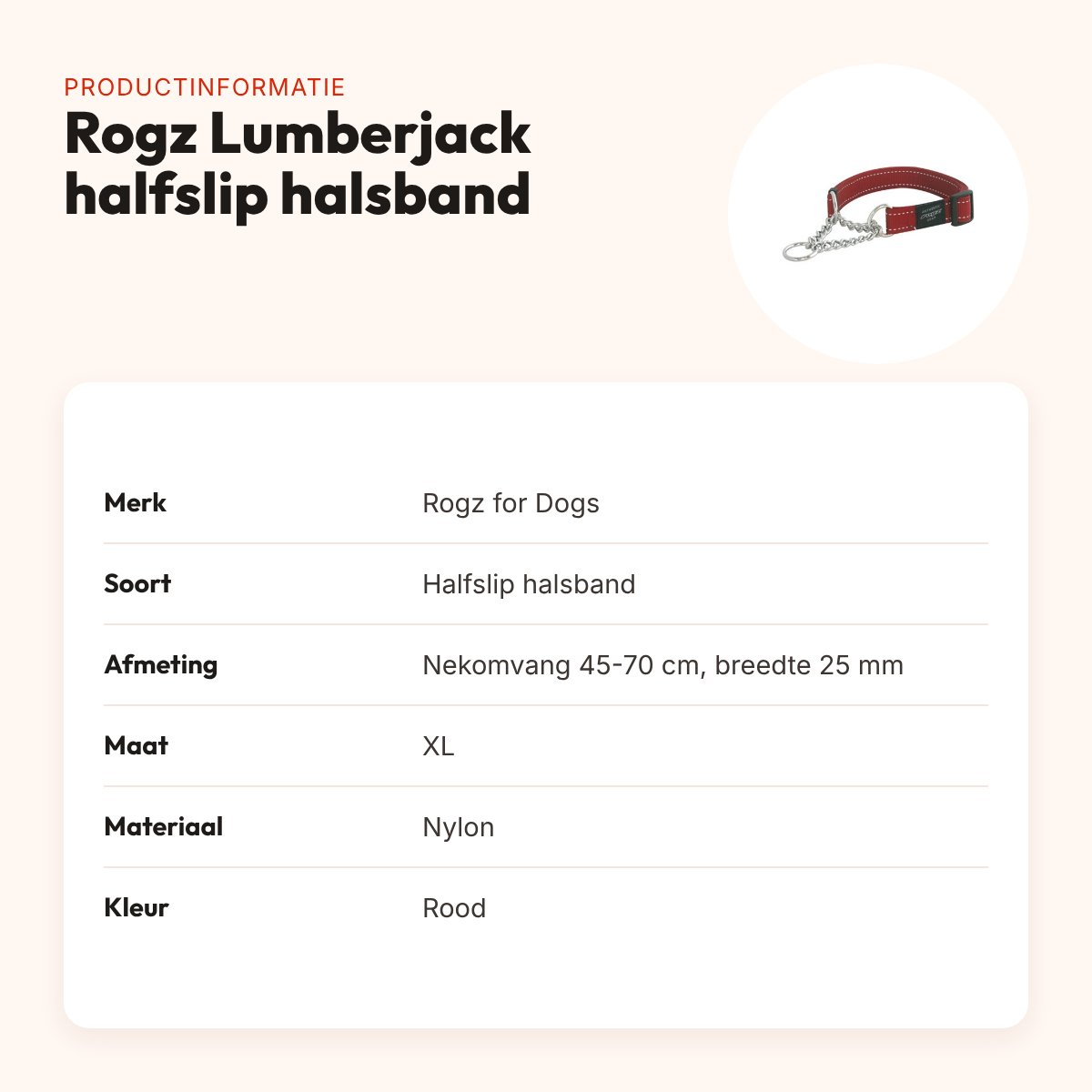 Rogz for Dogs Lumberjack halfslip halsband rood 25 mm – XL, 45-70 cm – productinformatie