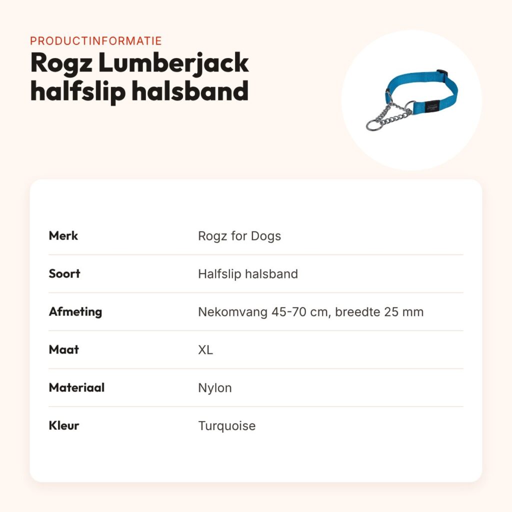 Rogz for Dogs Lumberjack halfslip halsband turquoise 25 mm – XL, 45-70 cm – productinformatie