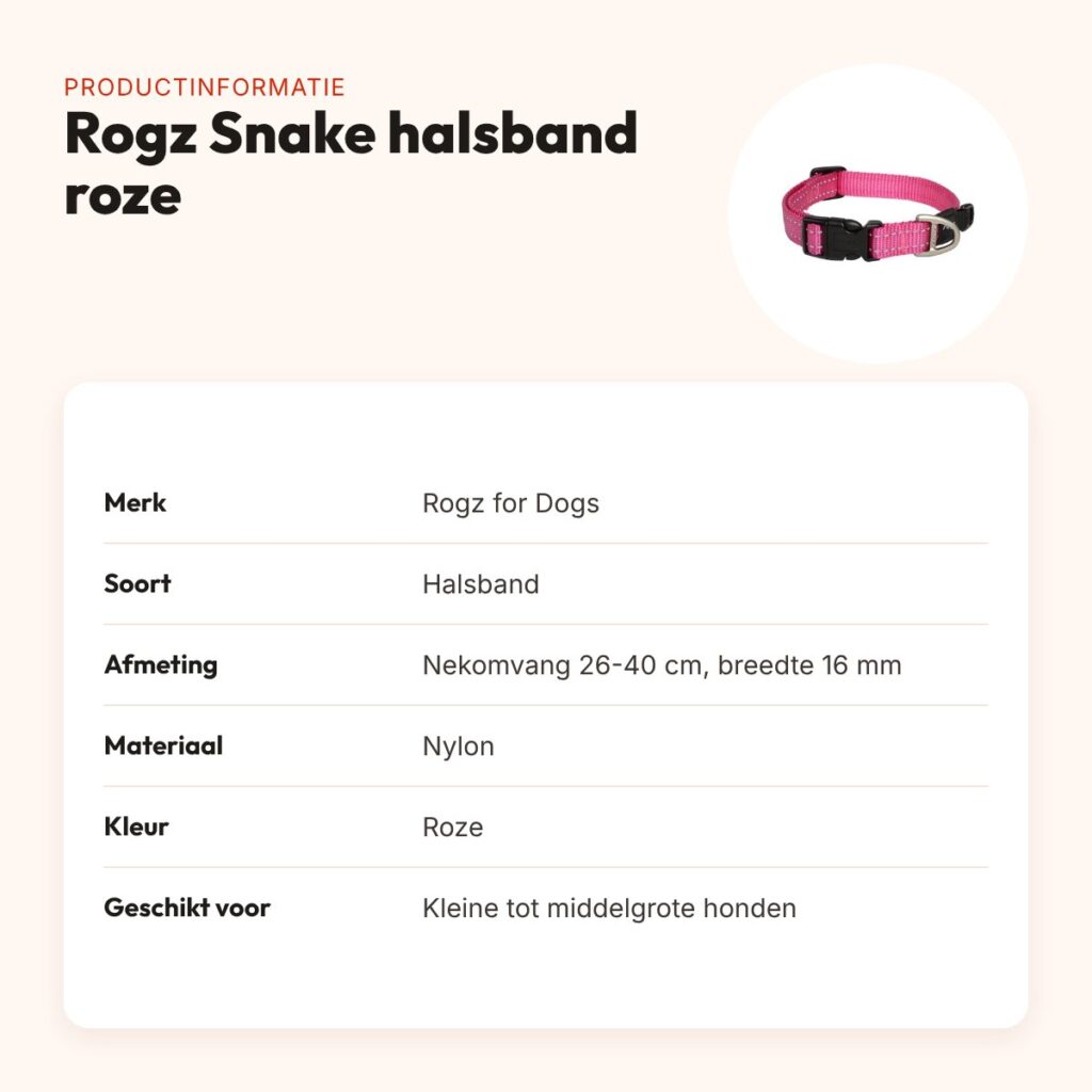 Rogz for Dogs Snake halsband roze 16 mm – maat 26-40 cm – productinformatie