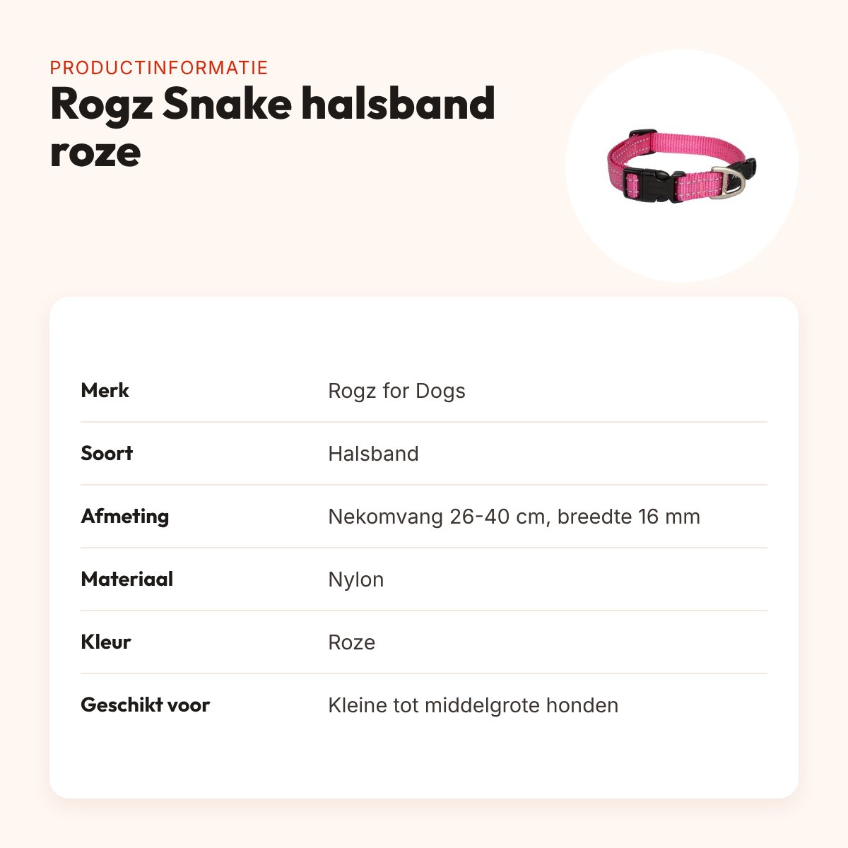 Rogz for Dogs Snake halsband roze 16 mm – maat 26-40 cm – productinformatie