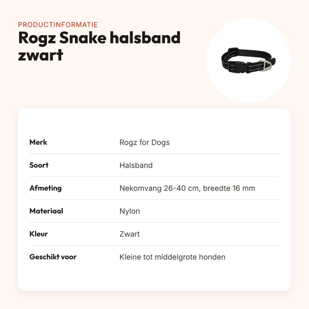 Rogz for Dogs Snake halsband zwart 16 mm – nekomvang 26-40 cm – productinformatie