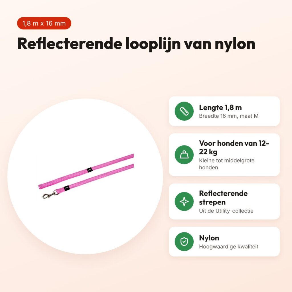 Rogz for Dogs Snake looplijn roze 1,8 m x 16 mm – reflecterend – voordelen