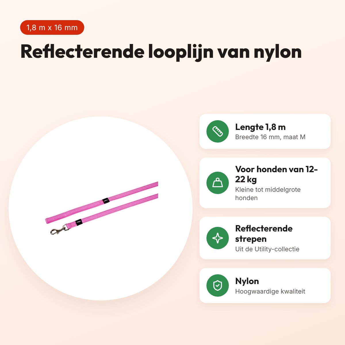 Rogz for Dogs Snake looplijn roze 1,8 m x 16 mm – reflecterend – voordelen