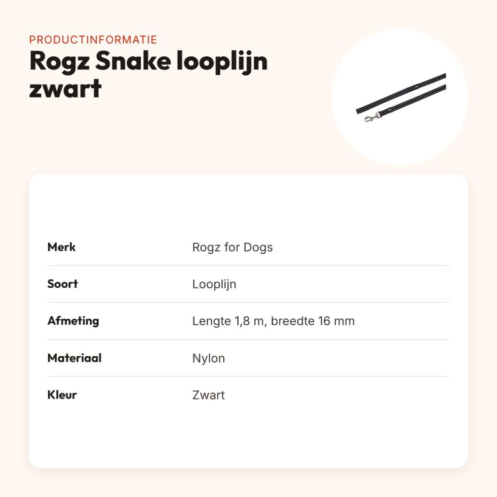 Rogz for Dogs Snake looplijn zwart 16 mm x 1,8 m – reflecterend – productinformatie