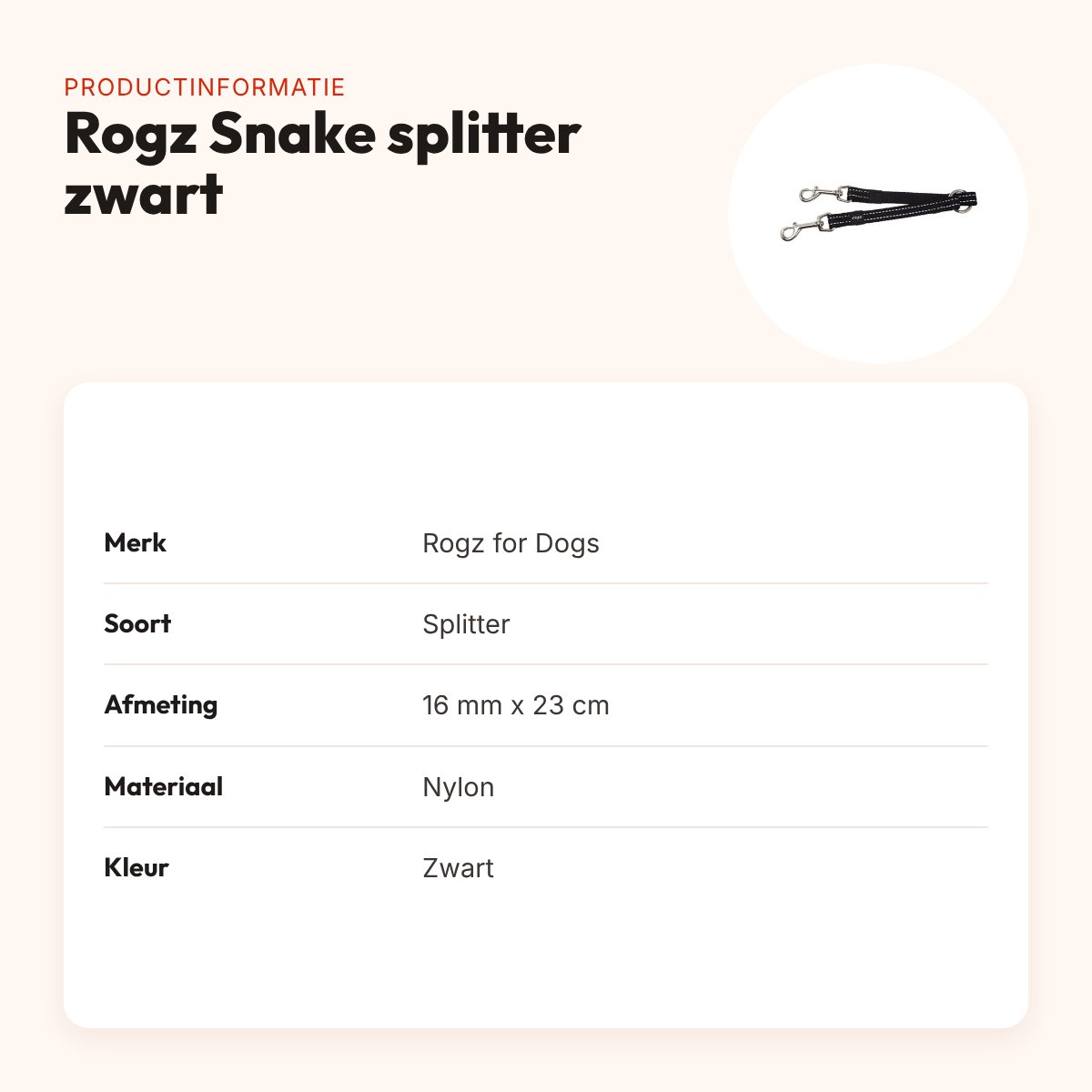Rogz for Dogs Snake splitter zwart 16 mm x 23 cm – reflecterend – productinformatie