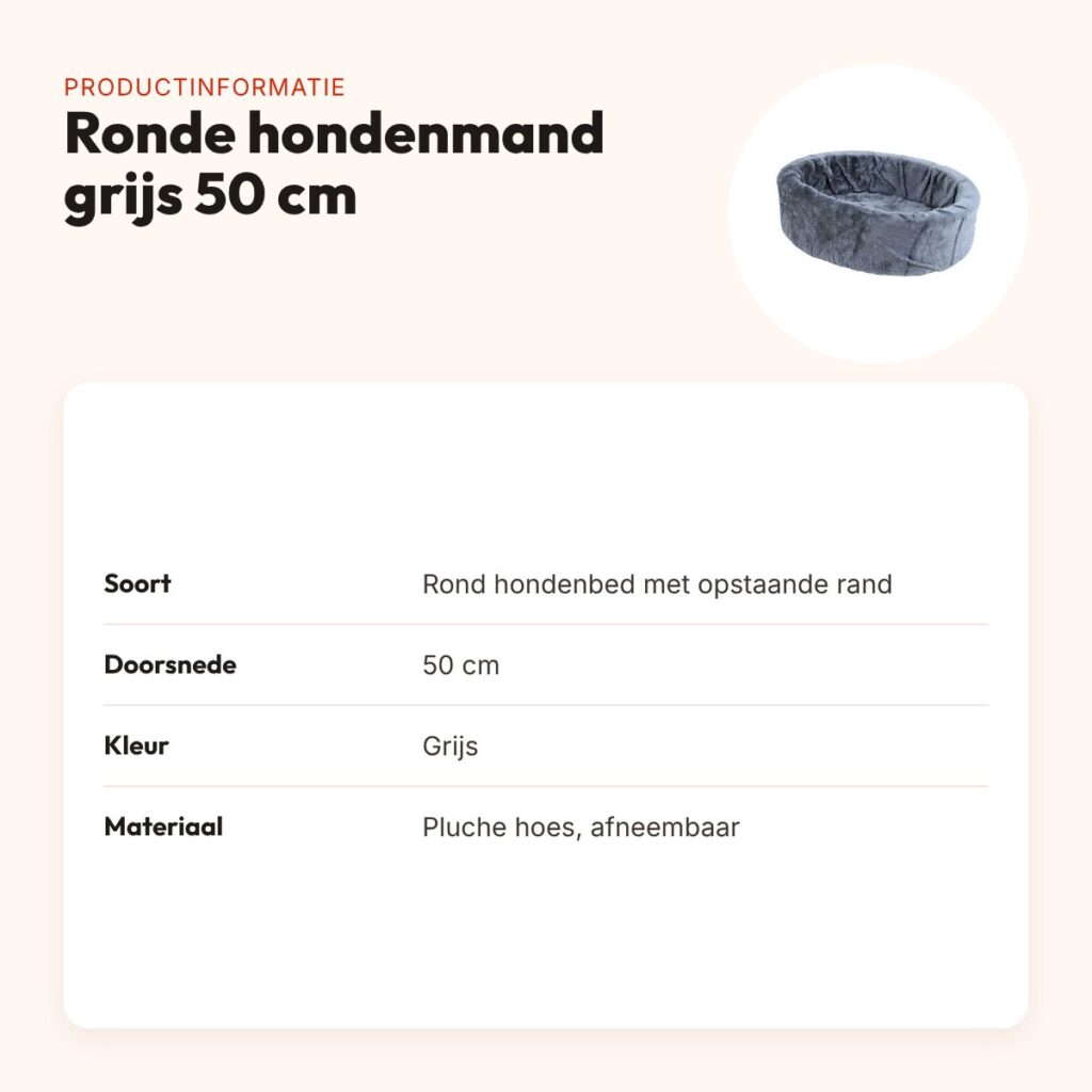Ronde hondenmand grijs 50 cm – opstaande rand, afneembare pluche hoes – productinformatie