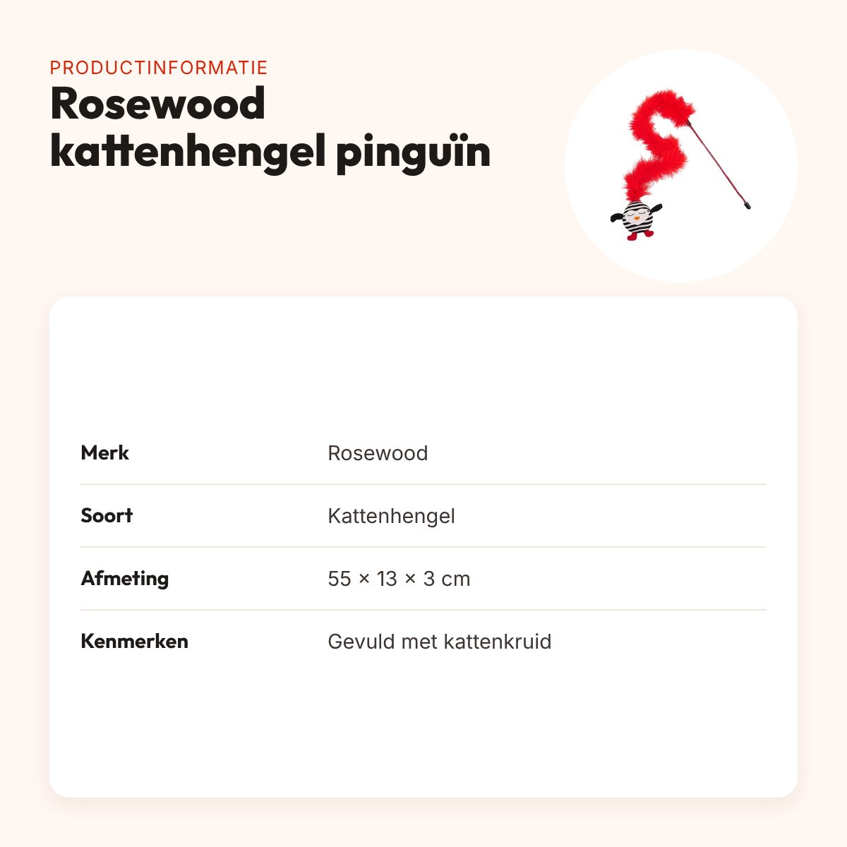 Rosewood kattenhengel gestreepte pinguïn met veer 55 cm – productinformatie