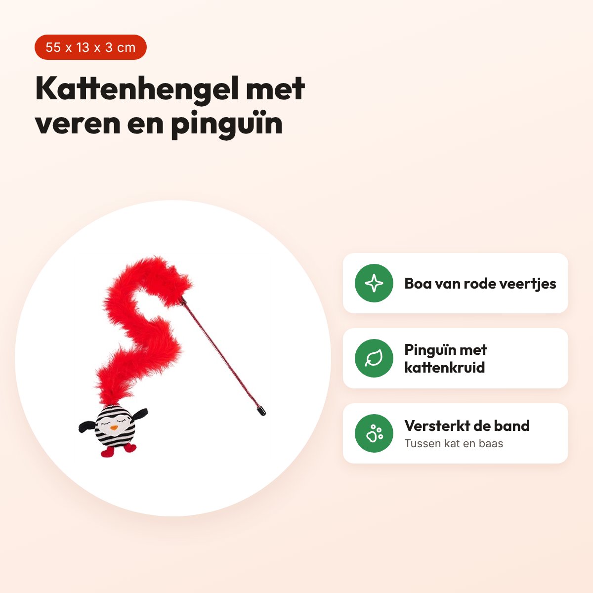 Rosewood kattenhengel gestreepte pinguïn met veer 55 cm – voordelen