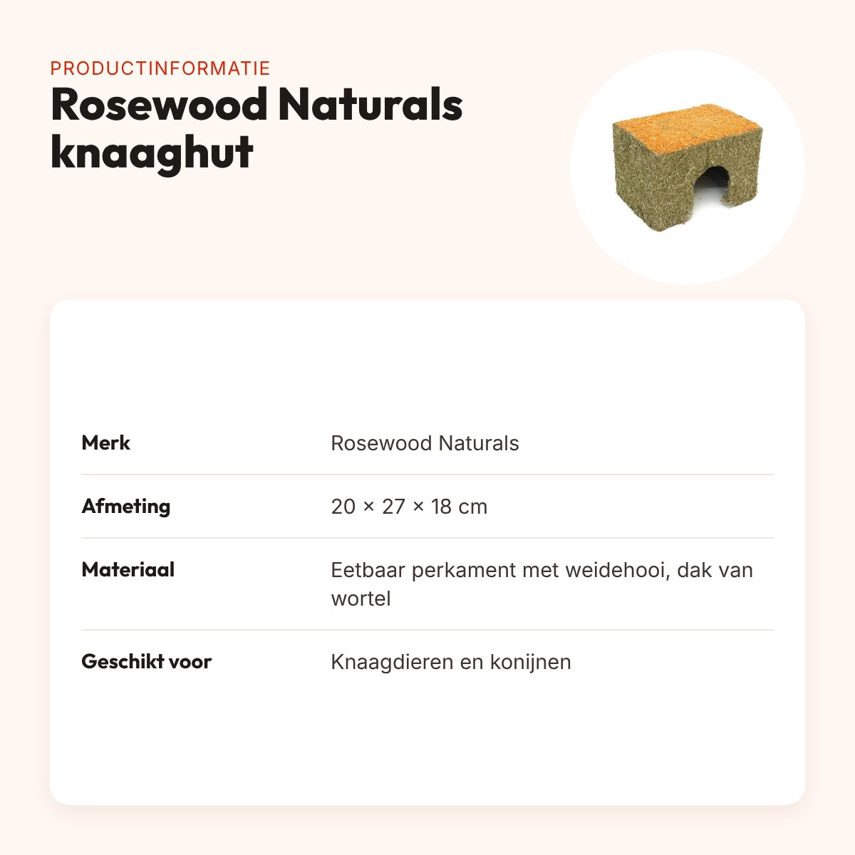 Rosewood Naturals knaaghut hooi en wortel 20 x 27 x 18 cm – eetbaar huisje – productinformatie