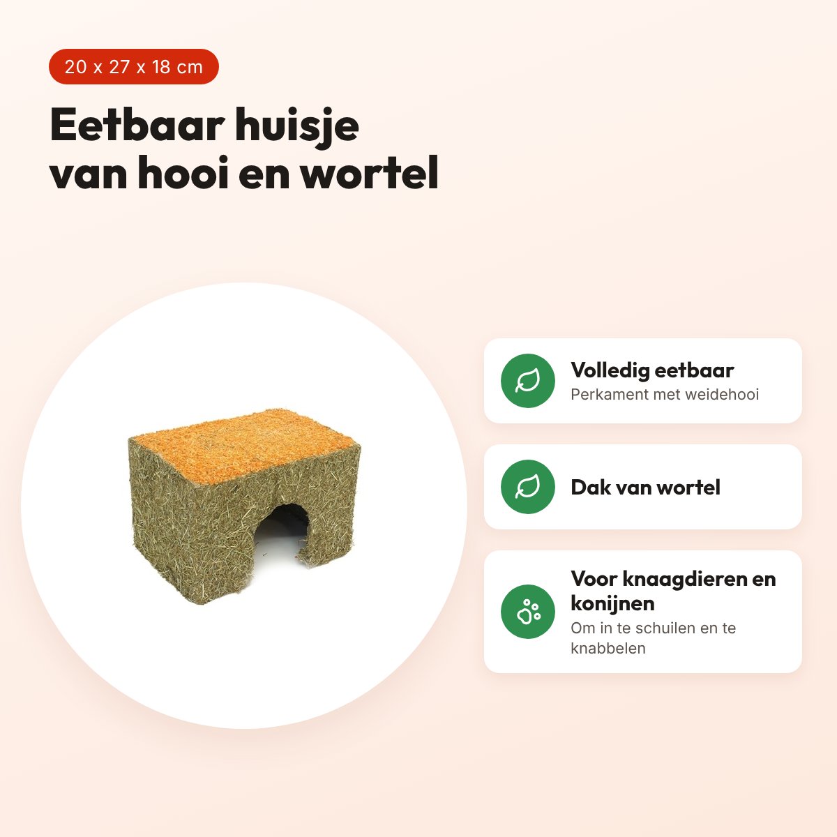 Rosewood Naturals knaaghut hooi en wortel 20 x 27 x 18 cm – eetbaar huisje – voordelen