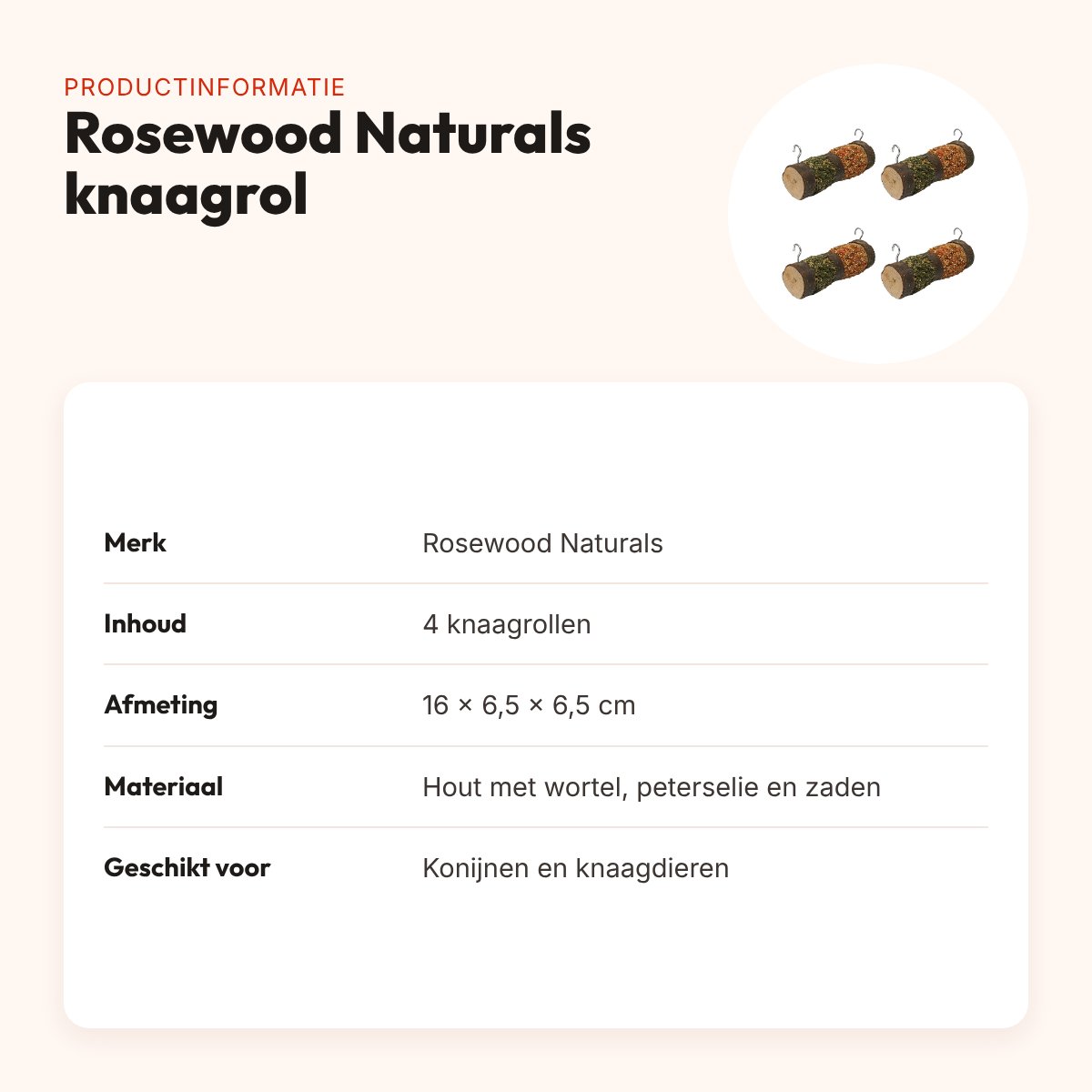 Rosewood Naturals knaagrol wortel en peterselie 16 cm – multipack 4 stuks – productinformatie