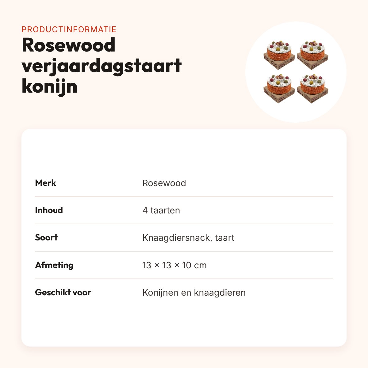 Rosewood Naturals verjaardagstaart konijn 13 x 13 cm – multipack 4 stuks – productinformatie