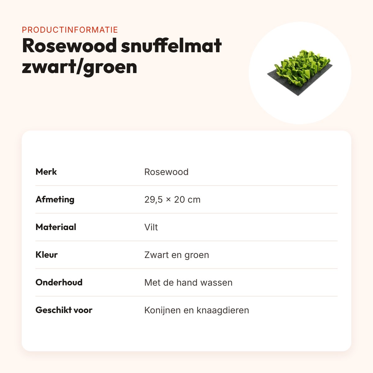 Rosewood snuffelmat voor knaagdieren 29,5 x 20 cm – zwart en groen – productinformatie