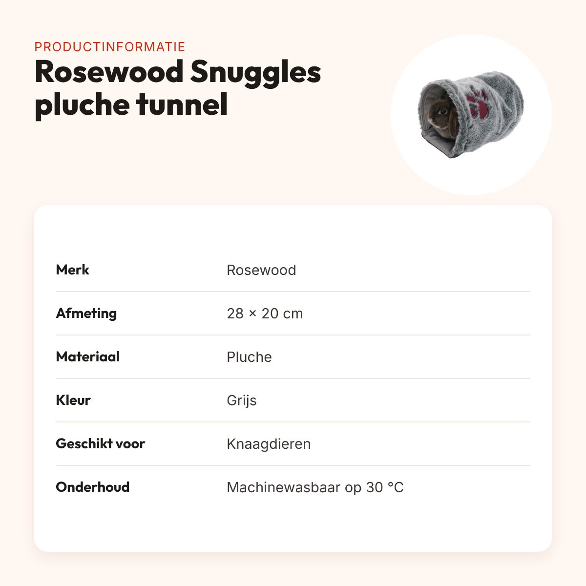 Rosewood Snuggles pluche tunnel voor knaagdieren grijs 28 x 20 cm – productinformatie