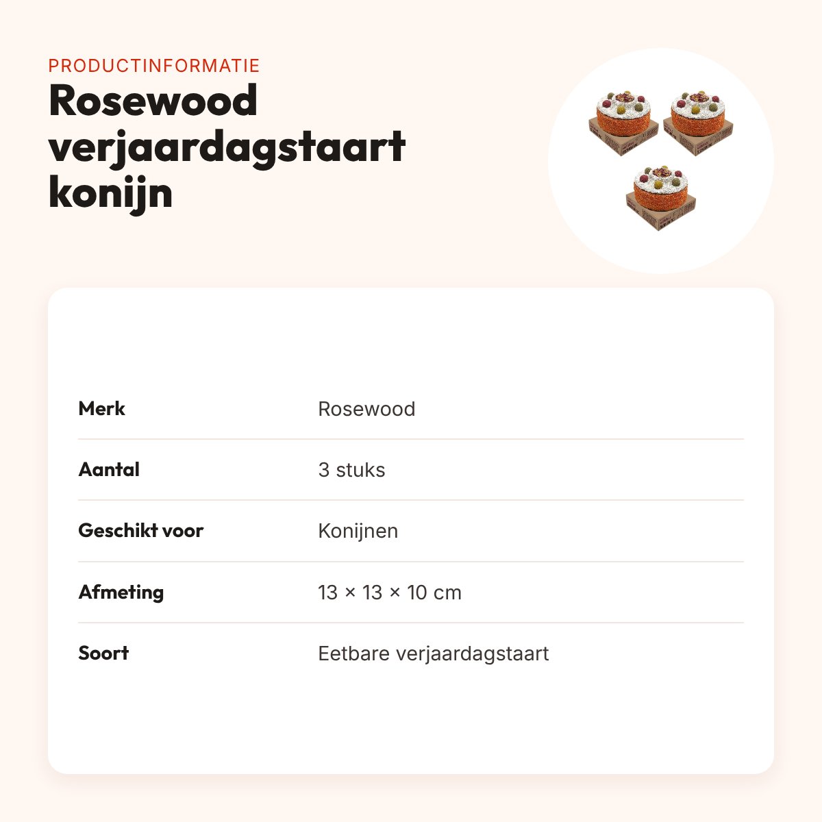 Rosewood verjaardagstaart konijn 13 x 13 x 10 cm – multipack 3 stuks – productinformatie